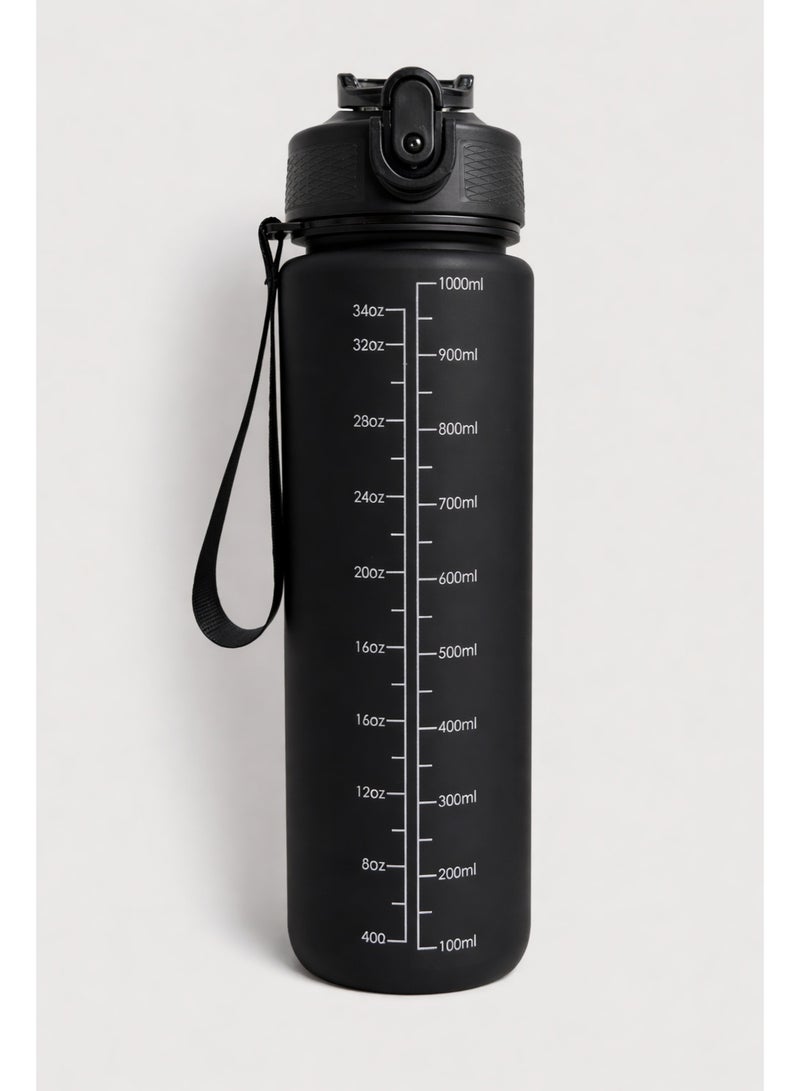 general 1L Water Bottle with Straw, Motivational Sports Water Bottle with Time Marker, BPA Free Tritan Drink Bottle for Girls Boys Fitness Outdoor Cycling (Black) - Image 1